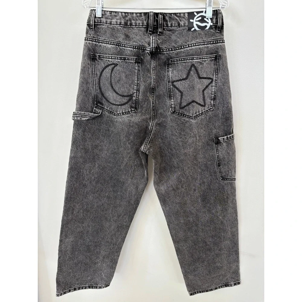 Children of the Sun Acid Wash Carpenter Jeans Gray Black Double Knee Star Moon S